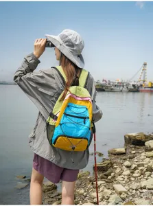 Colorful outdoor hiking backpack for travel and camping with spacious capacity and mesh pockets.
