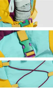 Farbblock Rucksack Detailansicht der Seitentasche mit robusten Schnallen und Gurten.