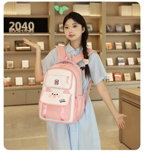 Sac à dos étudiant colorblock rose et blanc avec oreilles d'ours mignonnes, grand format.