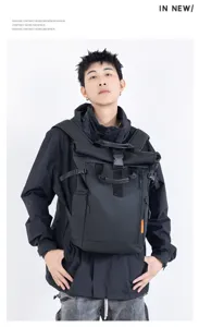 Men casual roll-top backpack waterproof oxford laptop school bag large capacity black