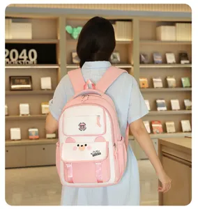 Sac à dos d'étudiant rose et blanc avec design d'ours mignon, grand sac d'école spacieux.