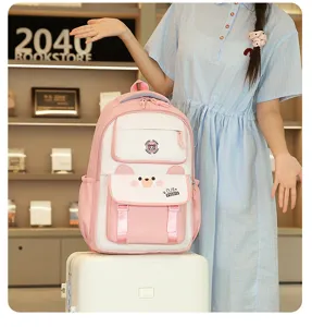 Sac à dos scolaire pour étudiant bicolore rose et blanc, grande capacité et joli détail.
