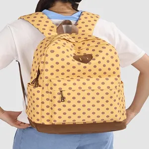 Sac à Dos en Toile à Pois Décontracté Pour Femmes Grande Capacité École Bookbag Élégant Couleur Contrastée Voyage Daypack