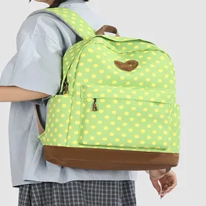 Sac à dos décontracté à pois verts en toile pour femme grand sac d'école quotidien