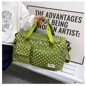 Sac de voyage a pois vert grande capacite sac week-end avec poignees et poches pratiques.