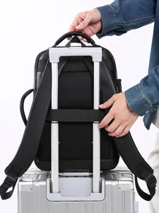 Zaino affari tempo libero viaggio pelle PU uomo con porta USB e cinghia per valigia.