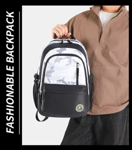 Fashionable color-blocking camouflage backpack, large capacity school bag for daily use.