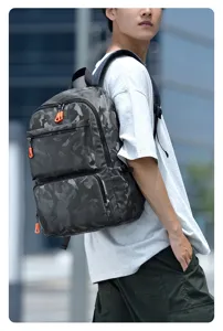Stylish camouflage backpack with orange zippers for men travel and daily commuting use.