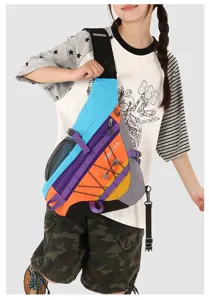Outdoor sports lightweight sling bag detail view, multi-compartment color-blocked chest bag