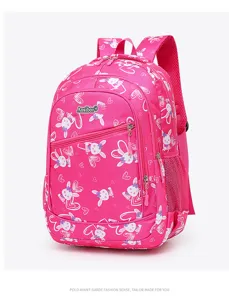 Cute pink children school backpack with cartoon rabbit print, large capacity and dual straps.