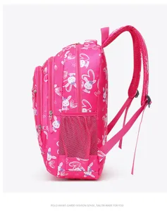 Pink school backpack for students, cute rabbit print multi-compartment bookbag with side mesh pockets