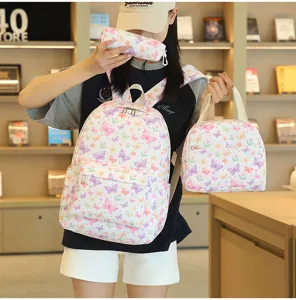Detalles del lindo juego de mochila escolar de tres piezas con estampado floral de mariposas.