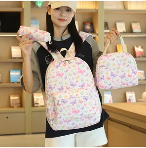Encantador juego de mochila escolar con estampado de mariposas de 3 piezas para estudiantes.