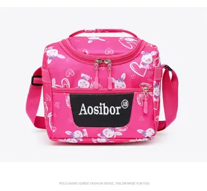 Pink cute rabbit print insulated lunch bag front detail showcasing zipper and handle design.