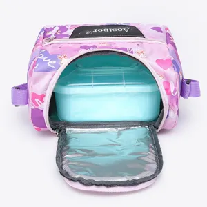 Sac à lunch isotherme violet avec imprimé cœur et lapin, incluant une boîte à bento.
