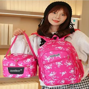 Student School Backpack Set Nylon Fashion Cartoon Rabbit Print Casual Bookbag With Insulated Lunch Bag For Youth