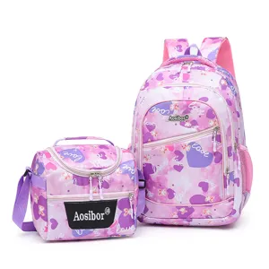 Sac a dos et sac a dejeuner etudiant degrade rose violet ensemble de deux pieces