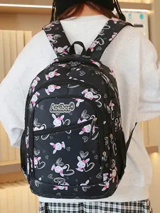 Cute cartoon rabbit print student backpack, stylish casual school bag for daily use.