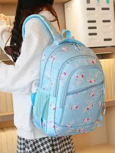 Cute light blue backpack with sweet bunny print, large capacity school bag for students and teens.