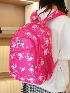 Cute pink school backpack with lovely rabbit and heart print, ideal for students daily use.