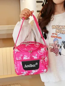 Pink insulated lunch bag for students cute rabbit print waterproof cooler bag with pocket