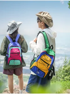 Outdoor hiking backpack lifestyle scene showing durable colorful design for travelers and hikers.
