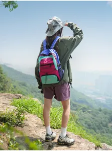 Outdoor travel color-block backpack detailed scene, showing large capacity and multi-pocket design.