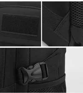 Detailansicht des schwarzen Rucksacks mit verstaerkten Naehten und stabilem Schnallenverschluss.