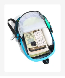 Interior detail view of colorful outdoor travel backpack, showing spacious capacity.