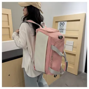 Grand sac à dos de voyage rose et gris, sac de sport et de fitness polyvalent pour femmes.