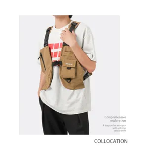 Tactical chest rig detail shot, functional vest bag with multi pockets, khaki utility wear.