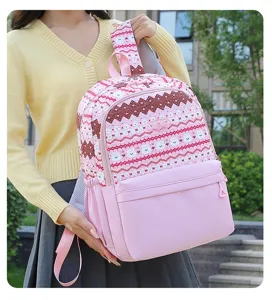Sac à dos rose mignon avec imprimé dessin animé pour étudiants, grand sac scolaire décontracté.