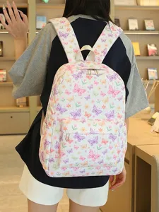 Mochila escolar informal con estampado de mariposas para estudiantes, bolso diario de gran capacidad.