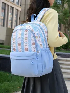 Sac à dos d'étudiant bleu mignon avec motif d'ours, grand sac d'école décontracté.