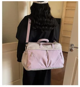 Large capacity travel duffel bag with shoulder strap, stylish purple and grey design for gym.