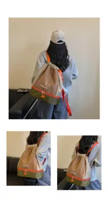 Kordel-Sportrucksack mit Nass-Trocken-Trennung, Karomuster und orangefarbenen Trägern Detailansicht.