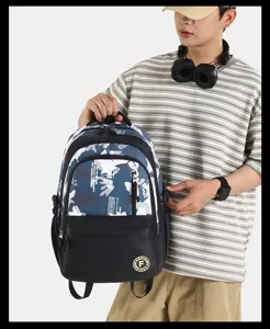 Detail shot of color-blocked casual student backpack showing camouflage texture and zippers.