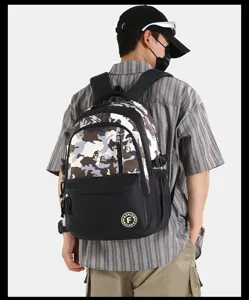 Casual color-block school backpack for students and travel, large capacity camo design.