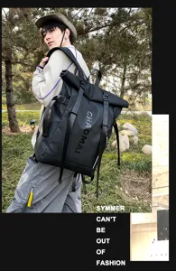 Detailed view of street style waterproof rolltop backpack in black, outdoor scene shooting.