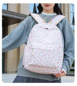 Schattige bloemen schoolrugzak voor tienermeisjes, casual witte rugzak met roze bloemenprint.