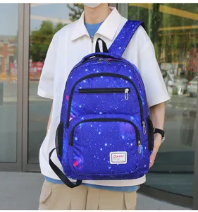 Sac à dos décontracté motif galaxie, grand cartable scolaire étudiant avec multiples poches zippées.