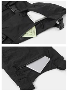 Tactical chest bag detail showing multi-pocket storage capacity for daily outdoor activities.