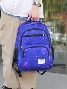 Sac à dos décontracté imprimé galaxie bleue avec grande capacité, poches multiples et solides.