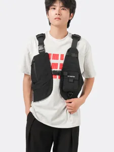 Black tactical chest bag functional vest for men streetwear outdoor sports running hiking.