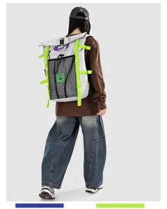Backpack detail rear view showing contrast neon green straps, large capacity design for outdoor.