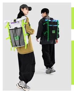 Stylish color block backpack for men and women, large capacity outdoor travel daypack.