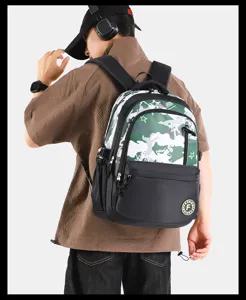 Detailed view of the camouflage canvas backpack with multi-pocket design for student daily use.