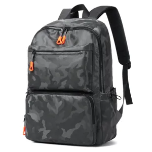 Gray camo men's casual backpack with orange zipper pulls, stylish daily commuter school bag.