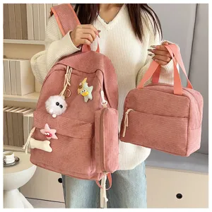 Set zaino in velluto a coste rosa da 3 pezzi con borsa pranzo e astuccio per scuola.