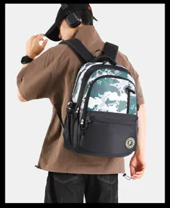 Casual camouflage and black backpack with spacious capacity, ideal for students and daily travel.